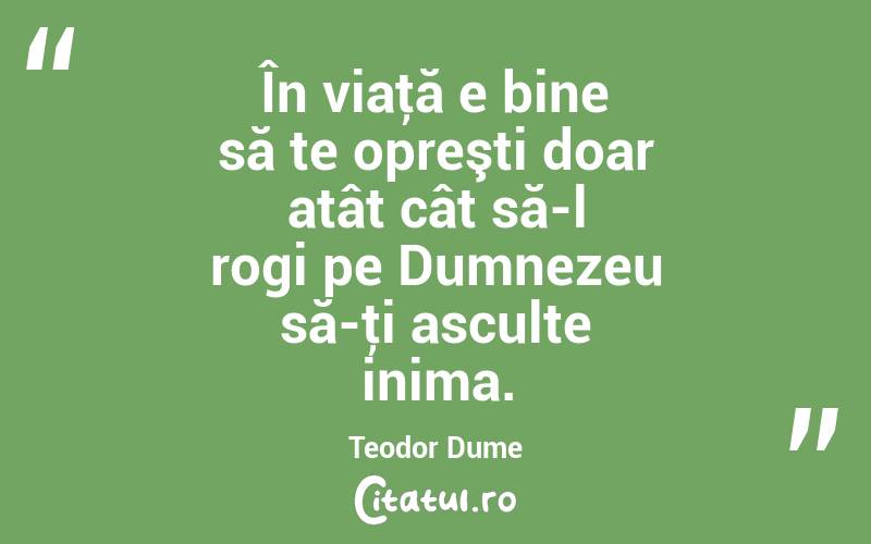 În viaţă e bine să te opreşti doar atât cât să-l rogi pe Dumnezeu să-ţi asculte inima. Teodor Dume
