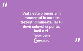 Viaţa este o bucurie în momentul în care te trezeşti dimineaţa, iar tu devii sclavul ei pentru încă o zi. Teodor Dume...