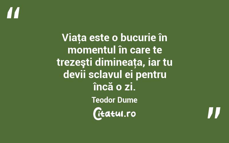 Viaţa este o bucurie în momentul în care te trezeşti dimineaţa, iar tu devii sclavul ei pentru încă o zi. Teodor Dume
