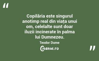 Copilăria este singurul anotimp real din viaţa unui om, celelalte sunt doar iluzii incinerate în palma lui Dumnezeu. Teodor Dume...