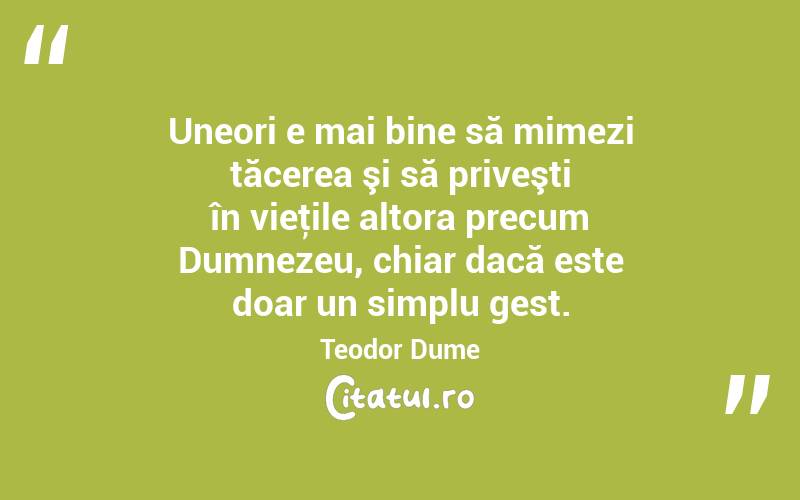 Uneori e mai bine să mimezi tăcerea şi să priveşti în vieţile altora precum Dumnezeu, chiar dacă este doar un simplu gest. Teodor Dume
