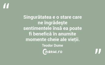 Singurătatea e o stare care ne îngrădeşte sentimentele însă ea poate fi benefică în anumite momente cheie ale vieţii. Teodor Dume...