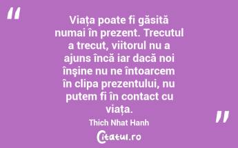 Viaţa poate fi găsită numai în prezent. Trecutul a trecut, viitorul nu a ajuns încă iar dacă noi înşine nu ne întoarcem în clipa prezentului, nu putem fi în contact cu viaţa. Thich Nhat Hanh...