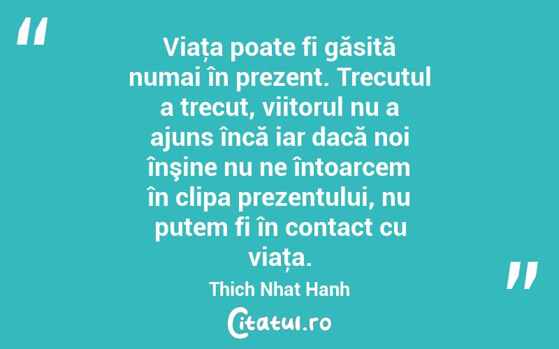Viaţa poate fi găsită numai în prezent. Trecutul a trecut, viitorul nu a ajuns încă iar dacă noi înşine nu ne întoarcem în clipa prezentului, nu putem fi în contact cu viaţa. Thich Nhat Hanh
