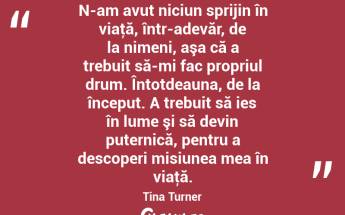 N-am avut niciun sprijin în viaţă, într-adevăr, de la nimeni, aşa că a trebuit să-mi fac propriul drum. Întotdeauna, de la început. A trebuit să ies în lume şi să devin puternică, pentru a descoperi misiunea mea în viaţă. Tina Turner...