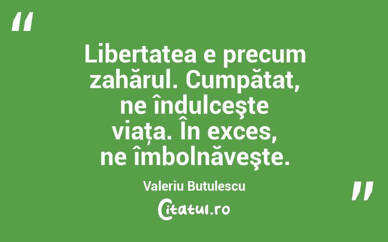 Libertatea e precum zahărul. Cumpătat, ne îndulceşte viaţa. În exces, ne îmbolnăveşte. Valeriu Butulescu
