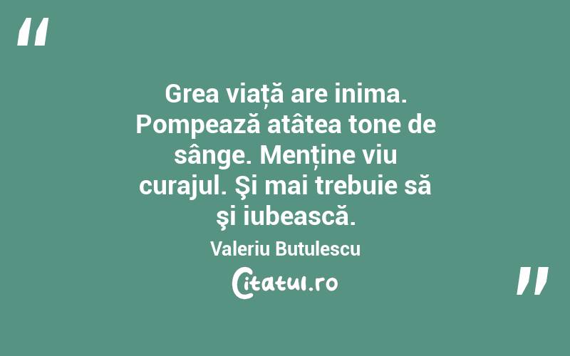Grea viaţă are inima. Pompează atâtea tone de sânge. Menţine viu curajul. Şi mai trebuie să şi iubească. Valeriu Butulescu
