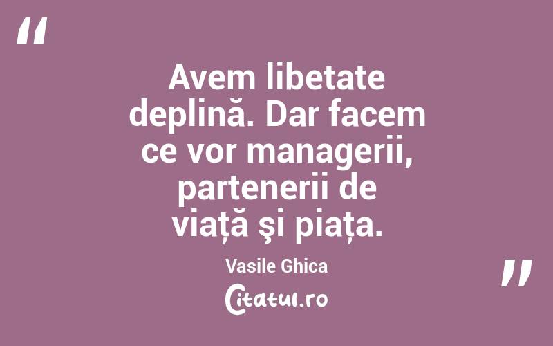Avem libetate deplină. Dar facem ce vor managerii, partenerii de viaţă şi piaţa. Vasile Ghica
