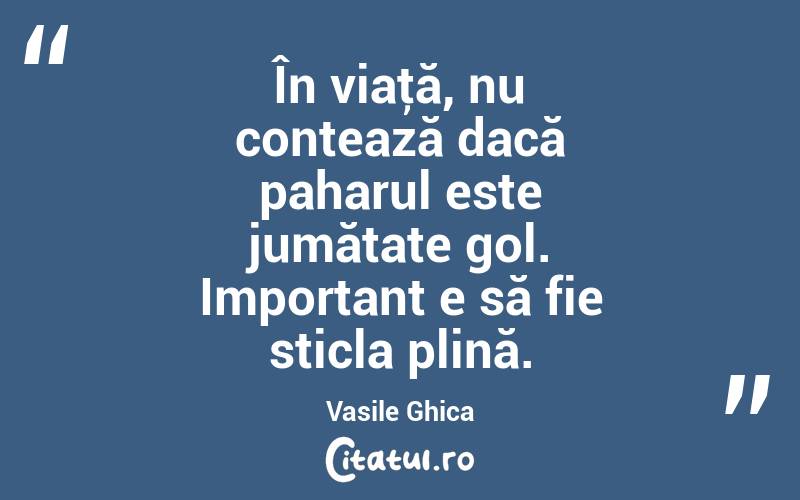 În viaţă, nu contează dacă paharul este jumătate gol. Important e să fie sticla plină. Vasile Ghica
