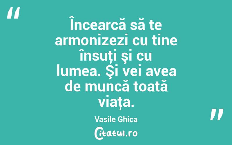 Încearcă să te armonizezi cu tine însuţi şi cu lumea. Şi vei avea de muncă toată viaţa. Vasile Ghica

