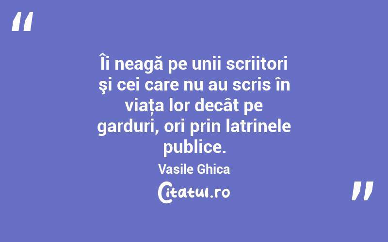 Îi neagă pe unii scriitori şi cei care nu au scris în viaţa lor decât pe garduri, ori prin latrinele publice. Vasile Ghica