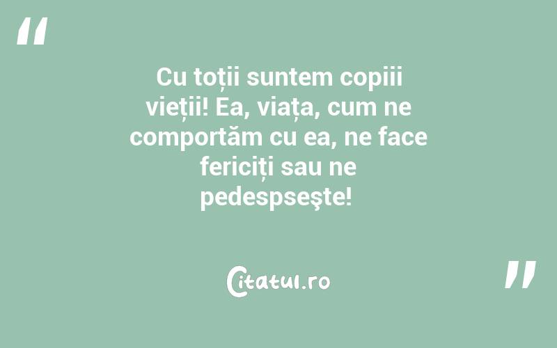 Cu toţii suntem copiii vieţii! Ea, viaţa, cum ne comportăm cu ea, ne face fericiţi sau ne pedespseşte! 
