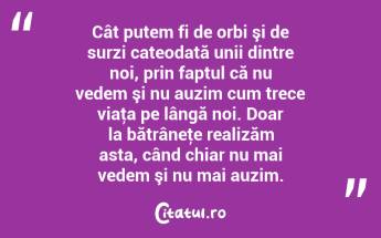 Cât putem fi de orbi şi de surzi cateodată unii dintre noi, prin faptul că nu vedem şi nu auzim cum trece viaţa pe lângă noi. Doar la bătrâneţe realizăm asta, când chiar nu mai vedem şi nu mai auzim. ...