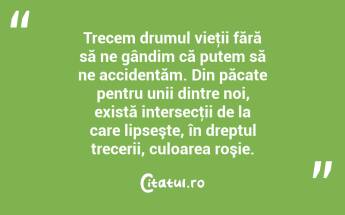 Trecem drumul vieţii fără să ne gândim că putem să ne accidentăm. Din păcate pentru unii dintre noi, există intersecţii de la care lipseşte, în dreptul trecerii, culoarea roşie. ...
