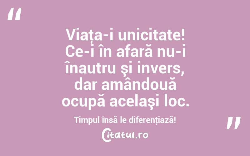 Viaţa-i unicitate! Ce-i în afară nu-i înautru şi invers, dar amândouă ocupă acelaşi loc. Timpul însă le diferenţiază! 
