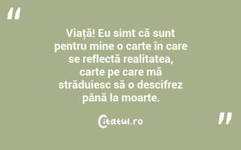 Viaţă! Eu simt că sunt pentru mine o carte în care se reflectă realitatea, carte pe care mă străduiesc să o descifrez până la moarte. ...
