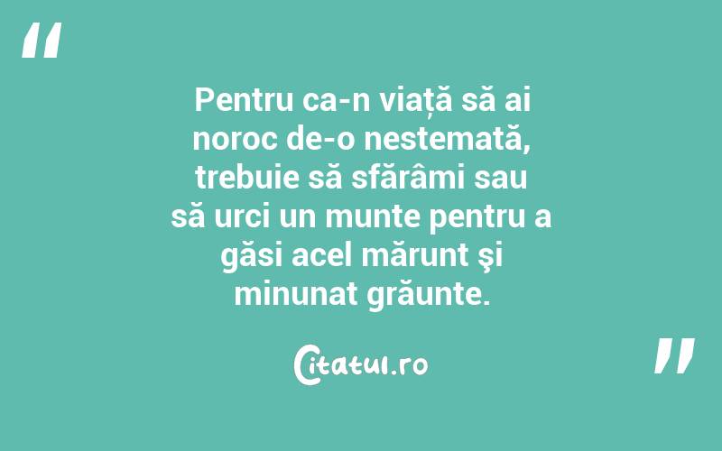 Pentru ca-n viaţă să ai noroc de-o nestemată, trebuie să sfărâmi sau să urci un munte pentru a găsi acel mărunt şi minunat grăunte. 
