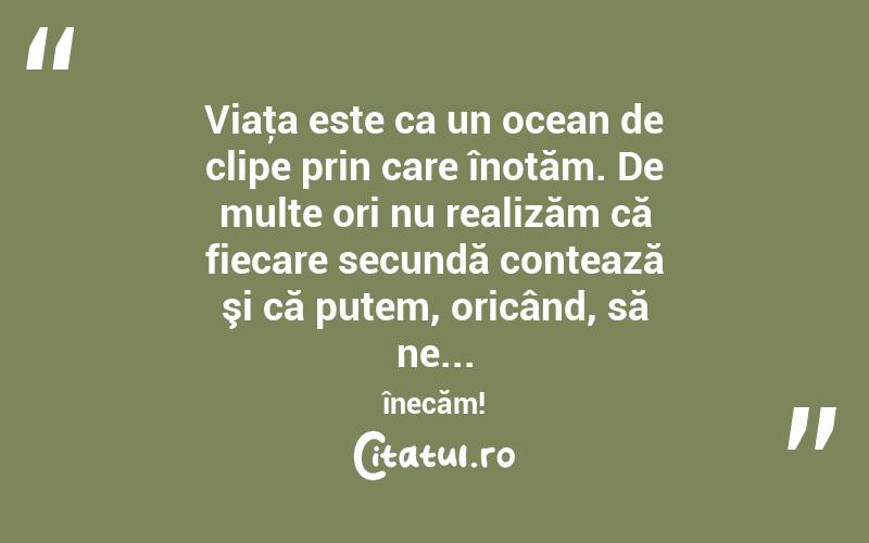 Viaţa este ca un ocean de clipe prin care înotăm. De multe ori nu realizăm că fiecare secundă contează şi că putem, oricând, să ne... înecăm! 

