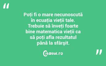 Poţi fi o mare necunoscută în ecuaţia vieţii tale. Trebuie să înveţi foarte bine matematica vieţii ca să poţi afla rezultatul până la sfârşit. ...