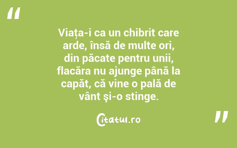 Viaţa-i ca un chibrit care arde, însă de multe ori, din păcate pentru unii, flacăra nu ajunge până la capăt, că vine o pală de vânt şi-o stinge. 
