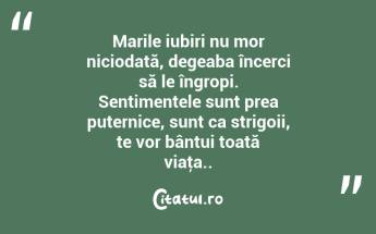Marile iubiri nu mor niciodată, degeaba încerci să le îngropi. Sentimentele sunt prea puternice, sunt ca strigoii, te vor bântui toată viaţa.. ...