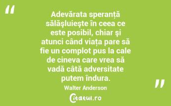 Adevărata speranţă sălăşluieşte în ceea ce este posibil, chiar şi atunci când viaţa pare să fie un complot pus la cale de cineva care vrea să vadă câtă adversitate putem îndura. Walter Anderson...