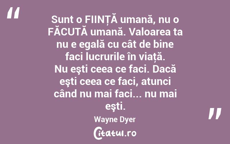 Sunt o FIINŢĂ umană, nu o FĂCUTĂ umană. Valoarea ta nu e egală cu cât de bine faci lucrurile în viaţă. Nu eşti ceea ce faci. Dacă eşti ceea ce faci, atunci când nu mai faci... nu mai eşti. Wayne Dyer
