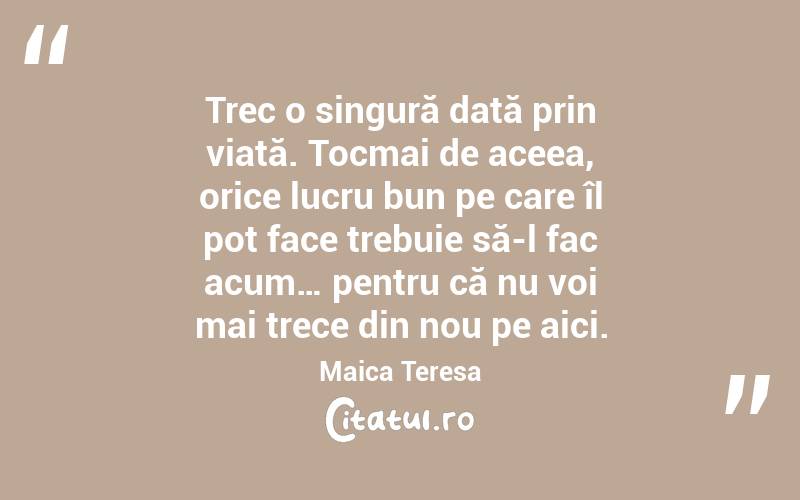 Trec o singură dată prin viață. Tocmai de aceea, orice lucru bun pe care îl pot face trebuie să-l fac acum… pentru că nu voi mai trece din nou pe aici. Maica Teresa

