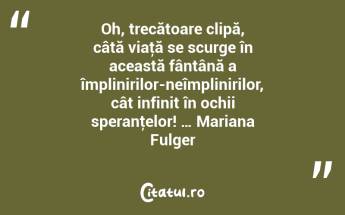 Oh, trecătoare clipă, câtă viaţă se scurge în această fântână a împlinirilor-neîmplinirilor, cât infinit în ochii speranţelor! … Mariana Fulger...