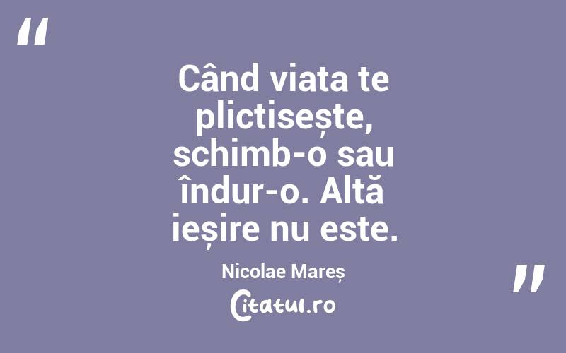 Când viața te plictisește, schimb-o sau îndur-o. Altă ieșire nu este. Nicolae Mareș
