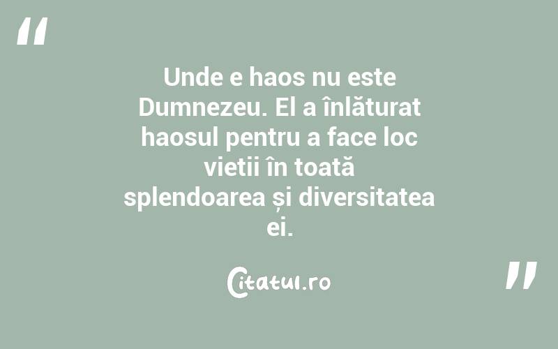 Unde e haos nu este Dumnezeu. El a înlăturat haosul pentru a face loc vieții în toată splendoarea și diversitatea ei. 