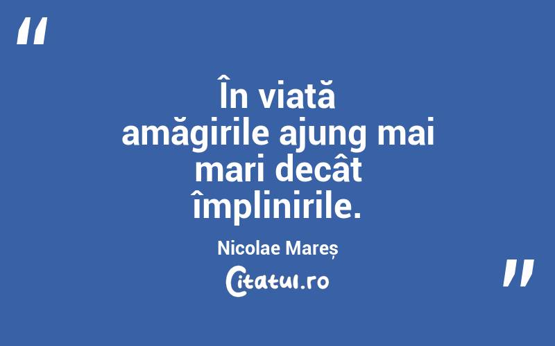 În viață amăgirile ajung mai mari decât împlinirile. Nicolae Mareș
