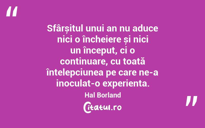 Sfârșitul unui an nu aduce nici o încheiere și nici un început, ci o continuare, cu toată înțelepciunea pe care ne-a inoculat-o experiența. Hal Borland
