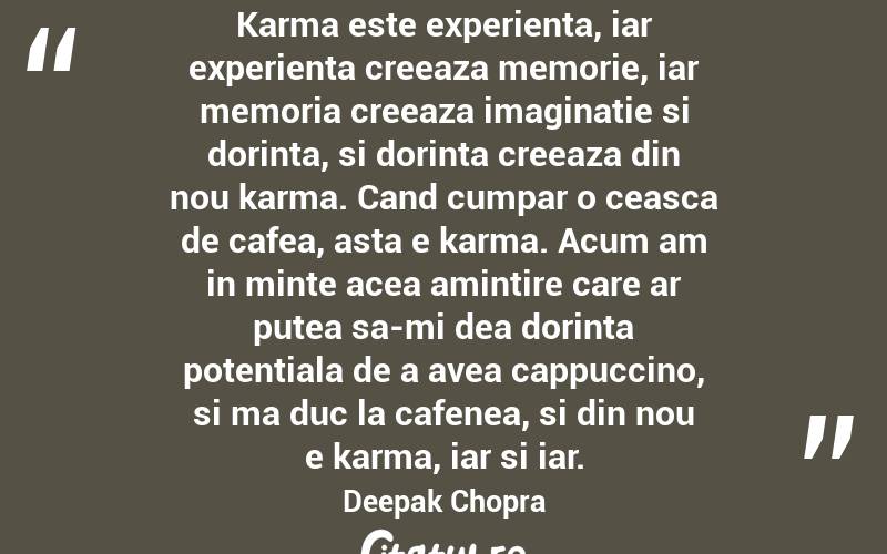 Karma este experienta, iar experienta creeaza memorie, iar memoria creeaza imaginatie si dorinta, si dorinta creeaza din nou karma. Cand cumpar o ceasca de cafea, asta e karma. Acum am in minte acea amintire care ar putea sa-mi dea dorinta potentiala de a avea cappuccino, si ma duc la cafenea, si din nou e karma, iar si iar. Deepak Chopra