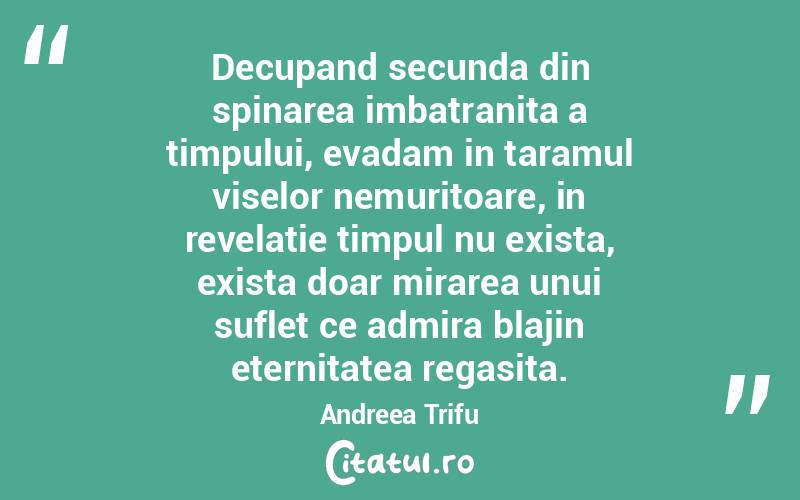 Decupand secunda din spinarea imbatranita a timpului, evadam in taramul viselor nemuritoare, in revelatie timpul nu exista, exista doar mirarea unui suflet ce admira blajin eternitatea regasita. Andreea Trifu