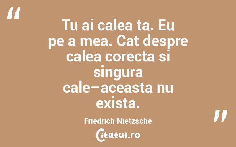 Tu ai calea ta. Eu pe a mea. Cat despre calea corecta si singura cale–aceasta nu exista. Friedrich Nietzsche
