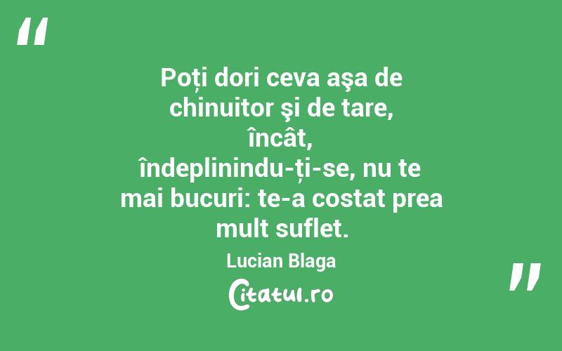 Poţi dori ceva aşa de chinuitor şi de tare, încât, îndeplinindu-ţi-se, nu te mai bucuri: te-a costat prea mult suflet. Lucian Blaga
