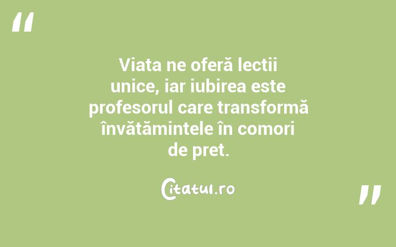 Viața ne oferă lecții unice, iar iubirea este profesorul care transformă învățămintele în comori de preț.
