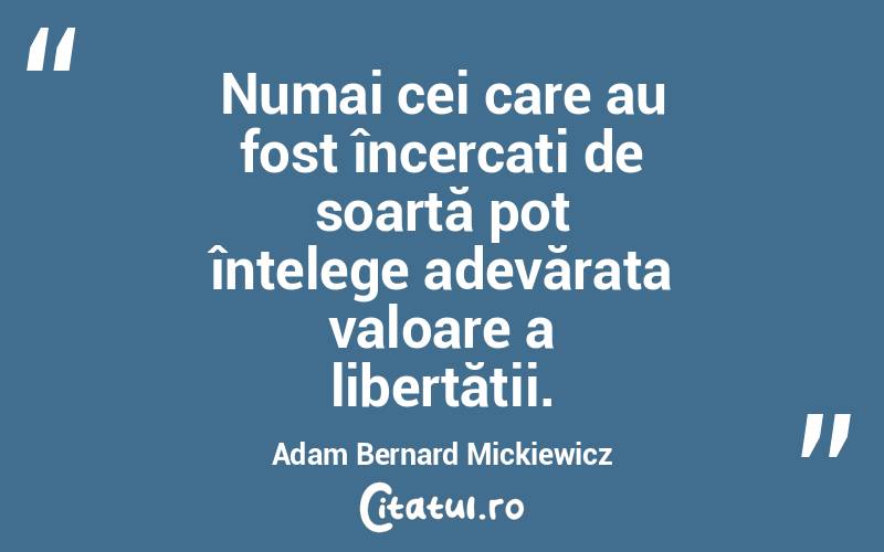 Numai cei care au fost încercați de soartă pot înțelege adevărata valoare a libertății. Adam Bernard Mickiewicz