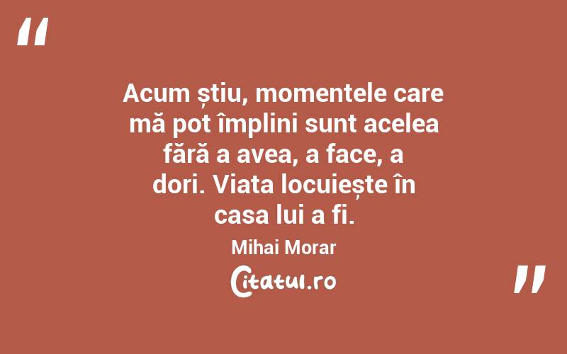 Acum știu, momentele care mă pot împlini sunt acelea fără a avea, a face, a dori. Viața locuiește în casa lui a fi. Mihai Morar
