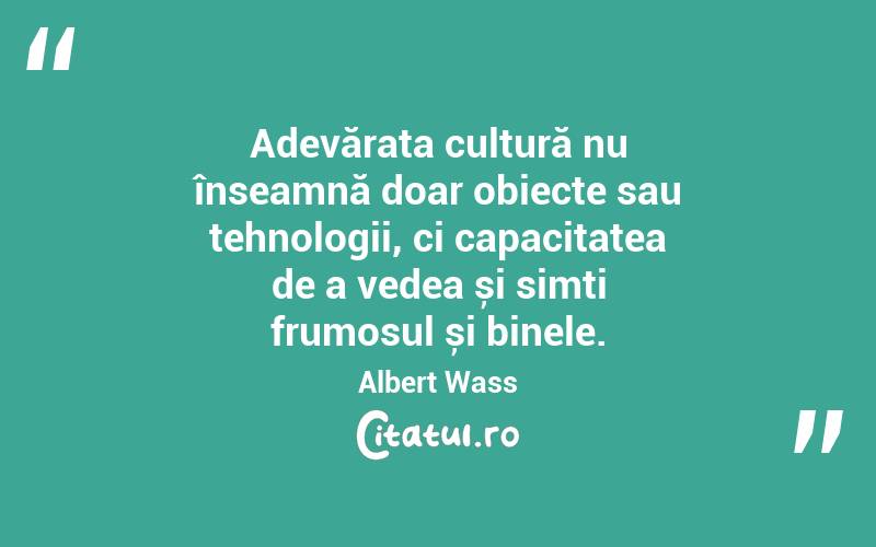 Adevărata cultură nu înseamnă doar obiecte sau tehnologii, ci capacitatea de a vedea și simți frumosul și binele. Albert Wass
