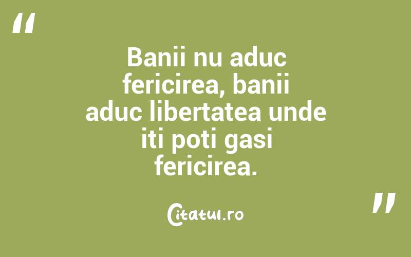 Banii nu aduc fericirea, banii aduc libertatea unde iti poti gasi fericirea.

