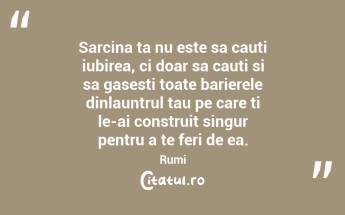 Sarcina ta nu este sa cauti iubirea, ci doar sa cauti si sa gasesti toate barierele dinlauntrul tau pe care ti le-ai construit singur pentru a te feri de ea.  Rumi...