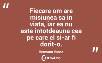 Fiecare om are misiunea sa in viata, iar ea nu este intotdeauna cea pe care el si-ar fi dorit-o. Hermann Hesse...