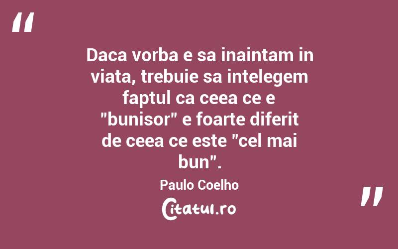 Daca vorba e sa inaintam in viata, trebuie sa intelegem faptul ca ceea ce e "bunisor" e foarte diferit de ceea ce este "cel mai bun".  Paulo Coelho
